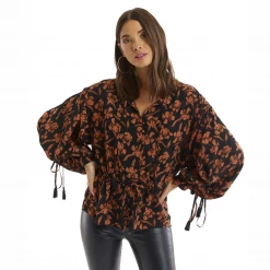 ALLISON New York Rustic Floral Drawstring Blouse