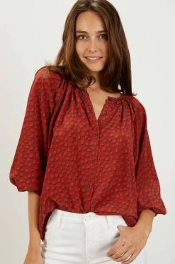 Tucker Long Sleeve Polo Blouse | Rustic Dot Sz. XS