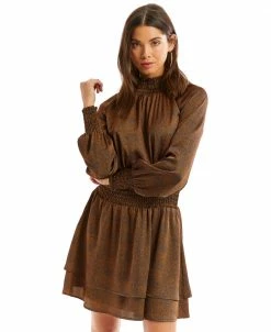 ALLISON New York Dresses Tan Dot Smocked Dress Sz. S